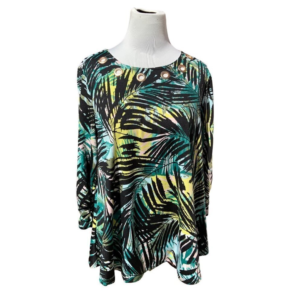 NEW DIRECTIONS LADIES TOP SHIRT BLOUSE TUNIC ABSTRACT PATTERN AND ACCENTS  NWT M